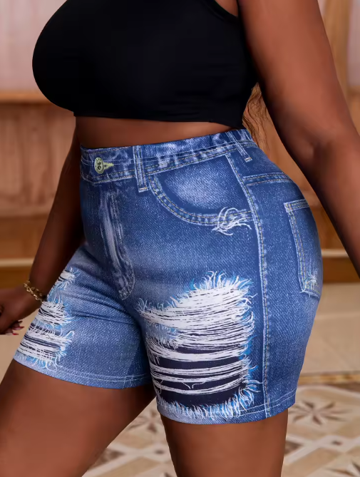 Plus Size Women's Denim-Look Printed Shorts