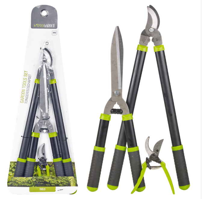 Set of 3 Garden Tools: Lopper, Pruning Shears & Secateur with Rubberized Handles