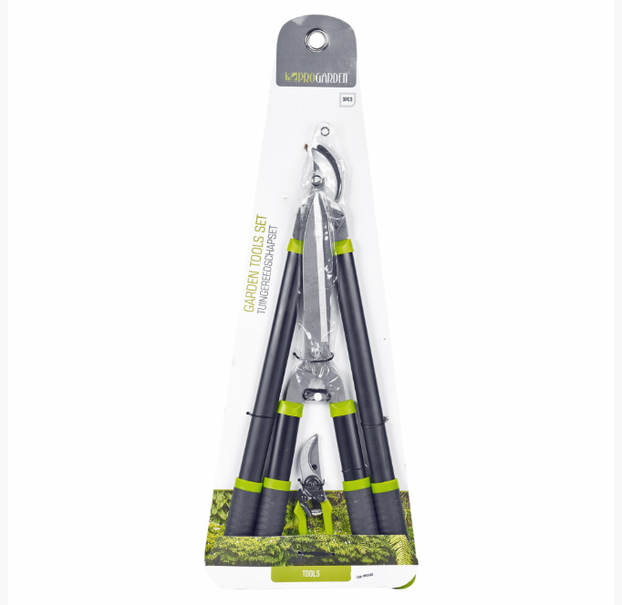 Set of 3 Garden Tools: Lopper, Pruning Shears & Secateur with Rubberized Handles