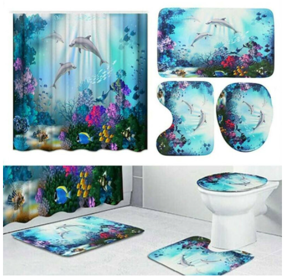 Dolphin Printed Bathroom Curtain Sets Shower Toilet Seat Covers Bath Mats Rugs