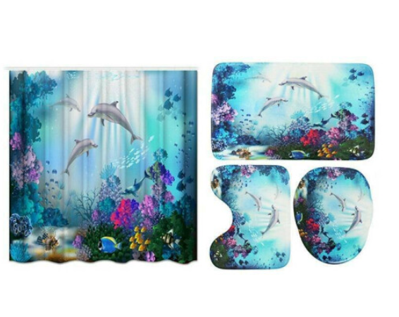 Dolphin Printed Bathroom Curtain Sets Shower Toilet Seat Covers Bath Mats Rugs