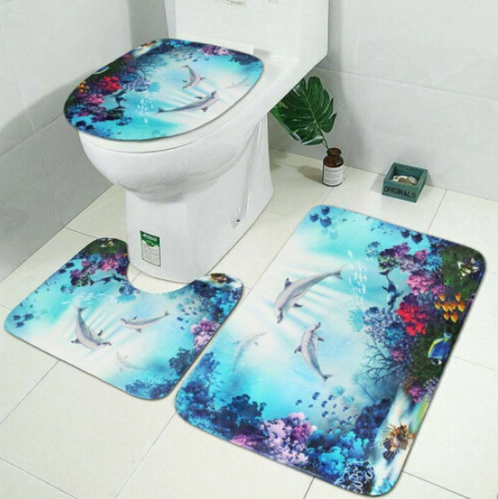 Dolphin Printed Bathroom Curtain Sets Shower Toilet Seat Covers Bath Mats Rugs