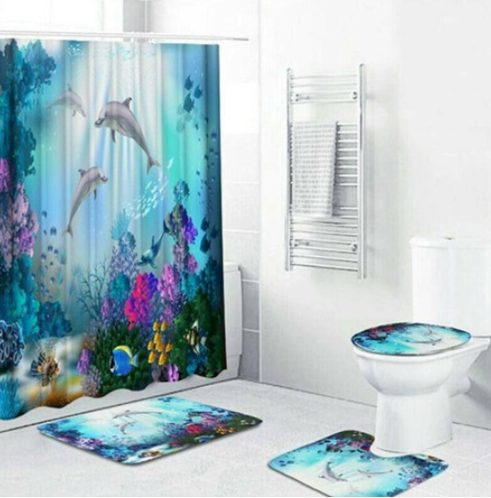 Dolphin Printed Bathroom Curtain Sets Shower Toilet Seat Covers Bath Mats Rugs