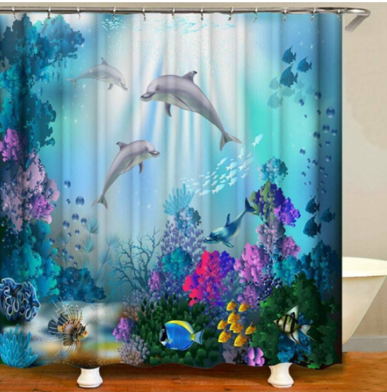 Dolphin Printed Bathroom Curtain Sets Shower Toilet Seat Covers Bath Mats Rugs