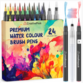 Watercolour Brush Pens - 24 Vibrant Colouring Pens & 2 Blending Brushes