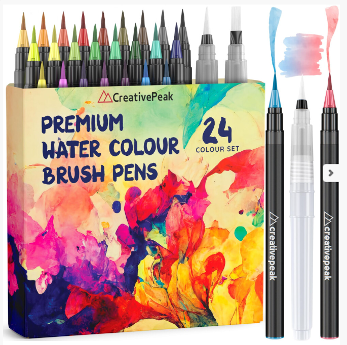 Watercolour Brush Pens - 24 Vibrant Colouring Pens & 2 Blending Brushes