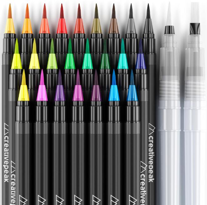 Watercolour Brush Pens - 24 Vibrant Colouring Pens & 2 Blending Brushes