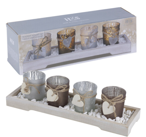 Home Décor 4 Tea Light Holders Wood Tray Decorative Stones Gift Set