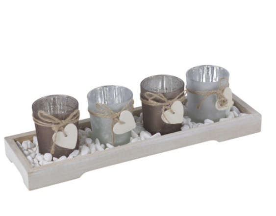 Home Décor 4 Tea Light Holders Wood Tray Decorative Stones Gift Set