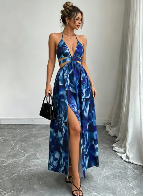 Blue Floral Cut-Out Maxi Dress