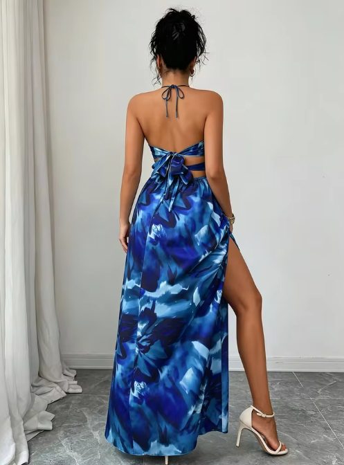 Blue Floral Cut-Out Maxi Dress