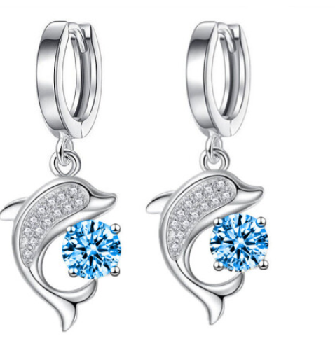 Classic 925 Sterling Silver Fish Dolphin Colourful Zircon Hoop Earrings