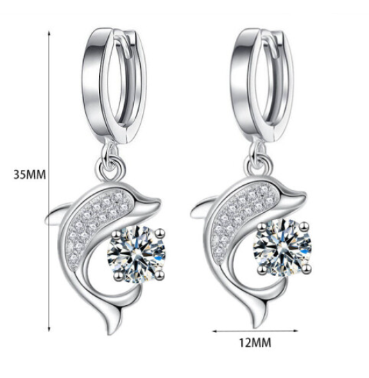 Classic 925 Sterling Silver Fish Dolphin Colourful Zircon Hoop Earrings