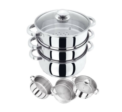 3-TIER- 22CM INDUCTION HOB STAINLESS STEEL STEAMER POT PAN COOKER SET GLASS LID