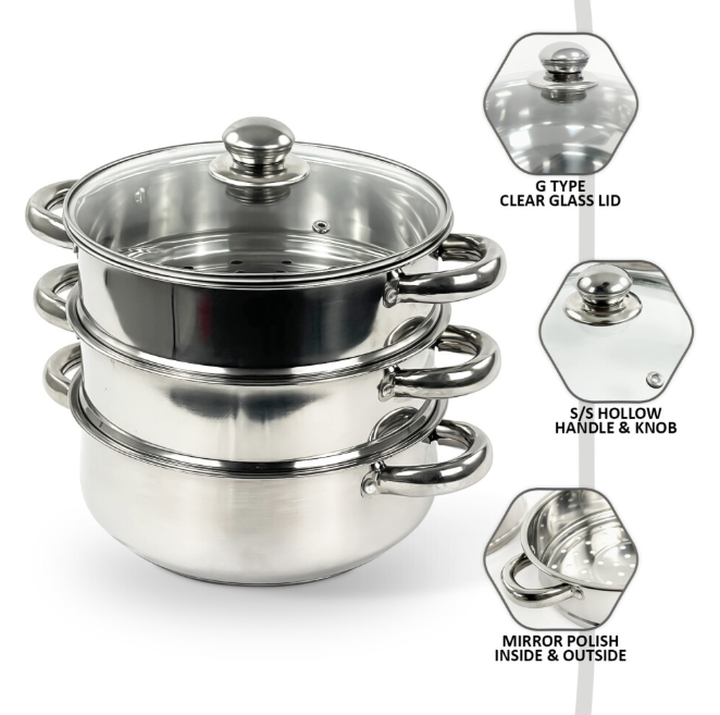 3-TIER- 22CM INDUCTION HOB STAINLESS STEEL STEAMER POT PAN COOKER SET GLASS LID