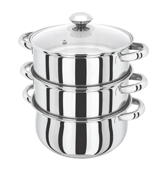 3-TIER- 22CM INDUCTION HOB STAINLESS STEEL STEAMER POT PAN COOKER SET GLASS LID