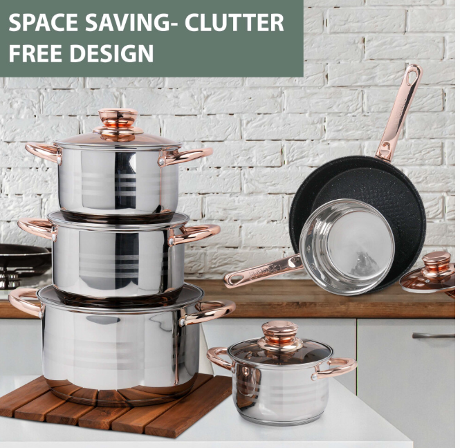 STAINLESS STEEL 12 Pcs INDUCTION HOB CASSEROLE POT COOKWARE SAUCEPAN DINING SET