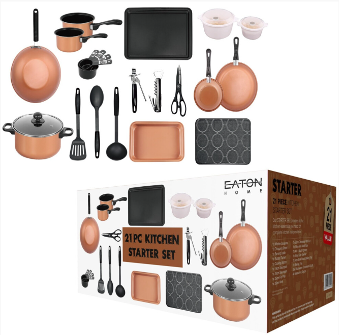 Copper 21-Piece Kitchen Starter Set: Pots, Pans, Bakeware & Utensils