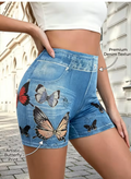 Butterfly Print Denim-Look Shorts