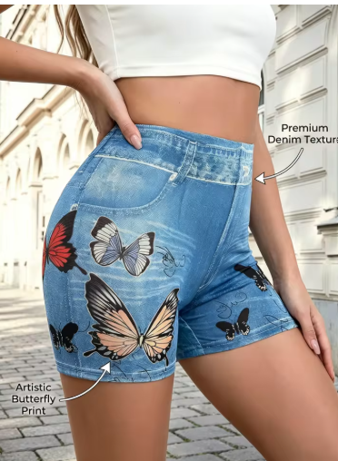 Butterfly Print Denim-Look Shorts