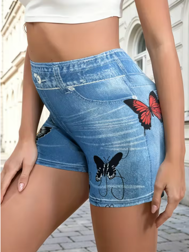 Butterfly Print Denim-Look Shorts