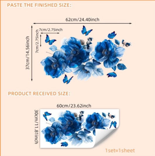 Blue Flowers Wall Decals, Butterflies Floral Stickers