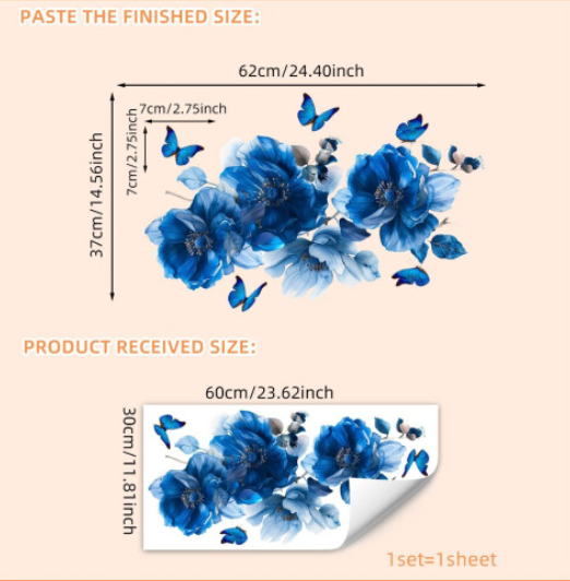 Blue Flowers Wall Decals, Butterflies Floral Stickers