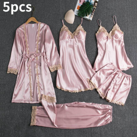 5pcs Women Lace Satin Silk Pyjamas Set