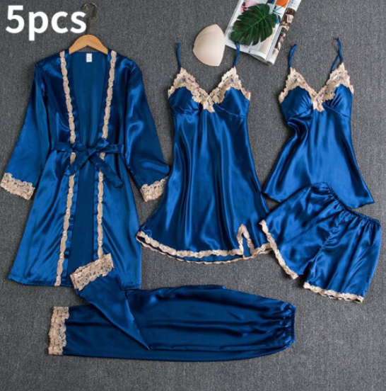 5pcs Women Lace Satin Silk Pyjamas Set