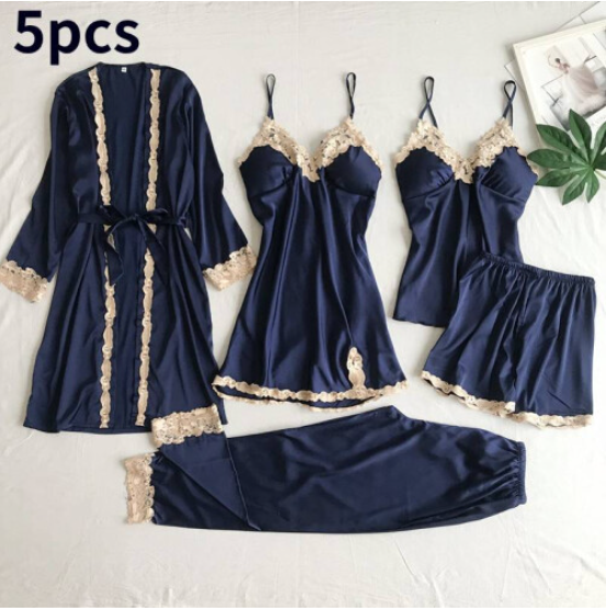 5pcs Women Lace Satin Silk Pyjamas Set