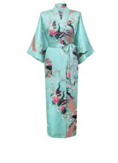 Luxury Peacock Satin Kimono Robe