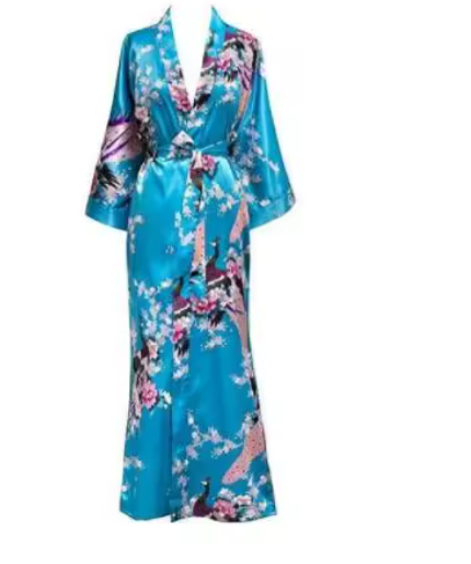Luxury Peacock Satin Kimono Robe