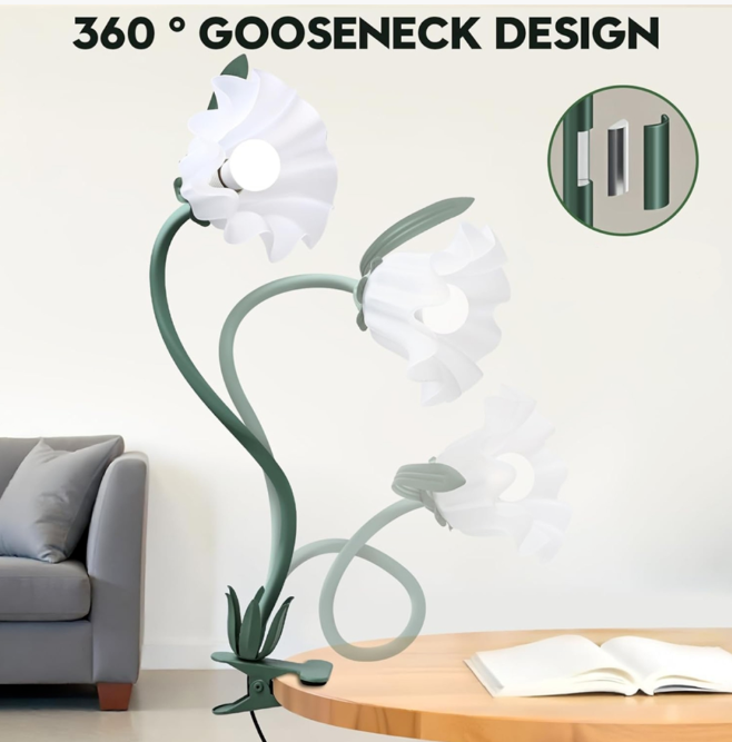 Clip on Light Flower Bedside Table Lamp, Gooseneck Reading Book