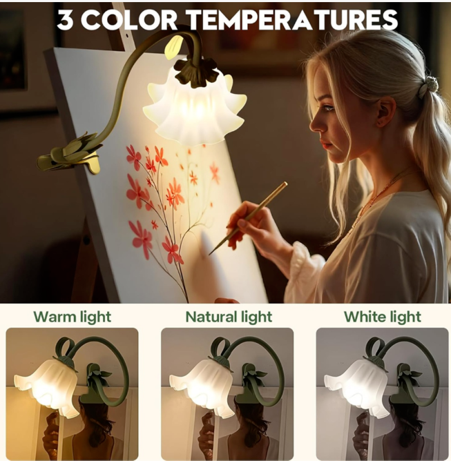 Clip on Light Flower Bedside Table Lamp, Gooseneck Reading Book