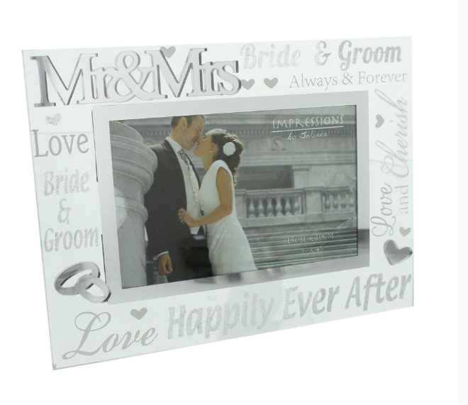 Mr & Mrs Glass 6 x 4 Photo Frame with Mirror & Glitter Letters