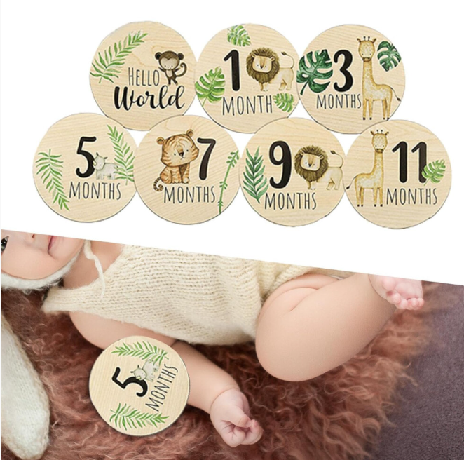 7 Pcs Baby Milestone Cards, Wooden Milestone Baby Cards