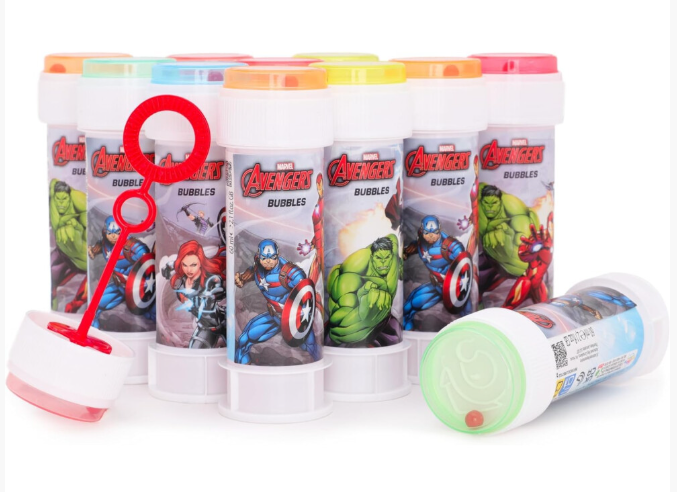 Toyland Pack of 12 Avengers Bubbles With Wands, 60ml Solution & Novelty Maze Lid