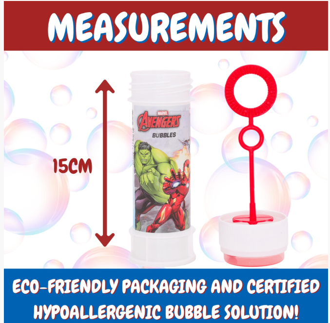Toyland Pack of 12 Avengers Bubbles With Wands, 60ml Solution & Novelty Maze Lid