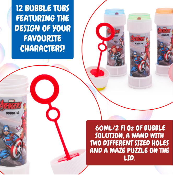Toyland Pack of 12 Avengers Bubbles With Wands, 60ml Solution & Novelty Maze Lid