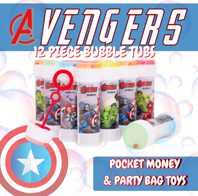 Toyland Pack of 12 Avengers Bubbles With Wands, 60ml Solution & Novelty Maze Lid