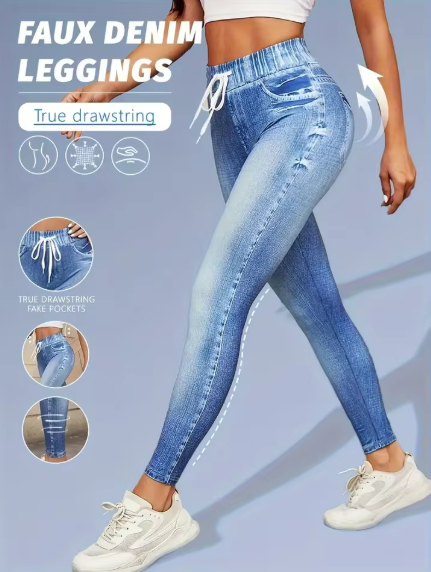 High Stretch Drawstring Imitation Denim Inspired Leggings