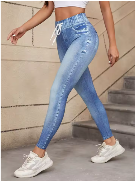 High Stretch Drawstring Imitation Denim Inspired Leggings