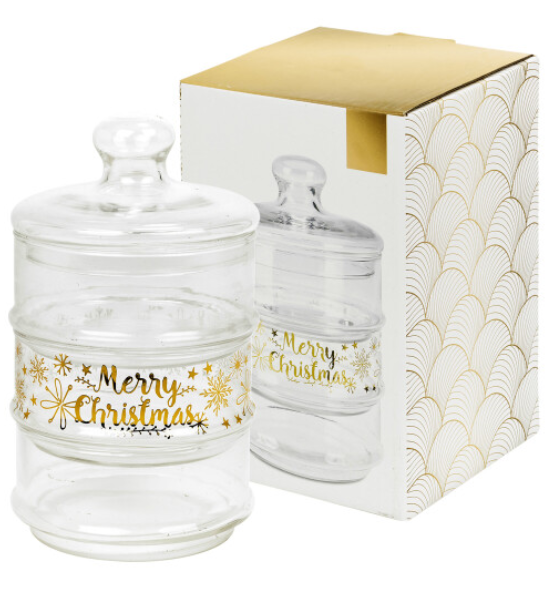 Merry Christmas 3 Tier Clear Glass Stacking Storage Cookie Cakes Jar