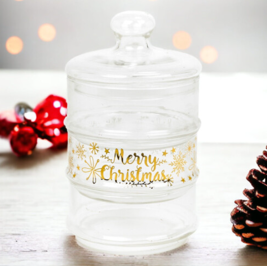 Merry Christmas 3 Tier Clear Glass Stacking Storage Cookie Cakes Jar
