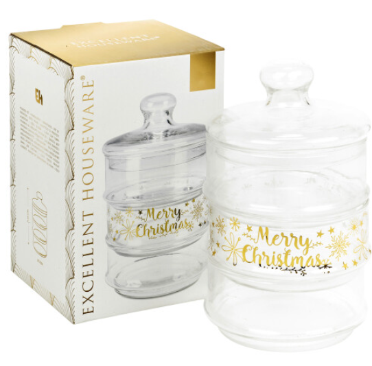 Merry Christmas 3 Tier Clear Glass Stacking Storage Cookie Cakes Jar