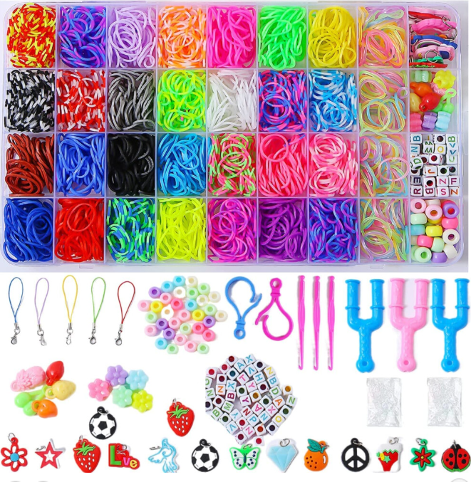 2500+ Loom Bands Kit with 3 Hooks, 96 S-Clips, Charms & Beads