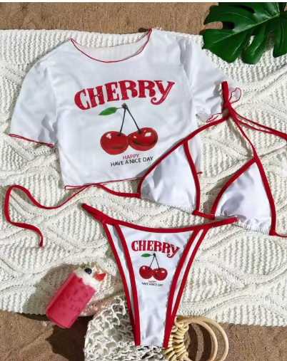Cherry 3-Piece Bikini Set with Cover-Up