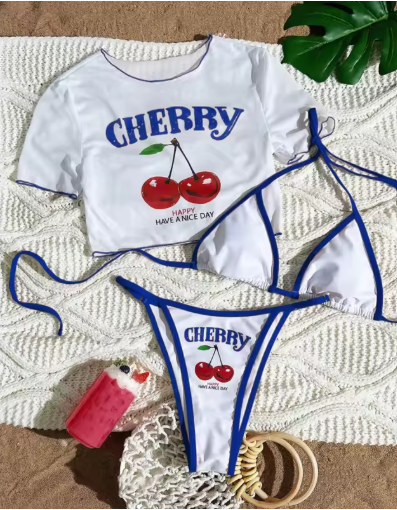 Cherry 3-Piece Bikini Set with Cover-Up