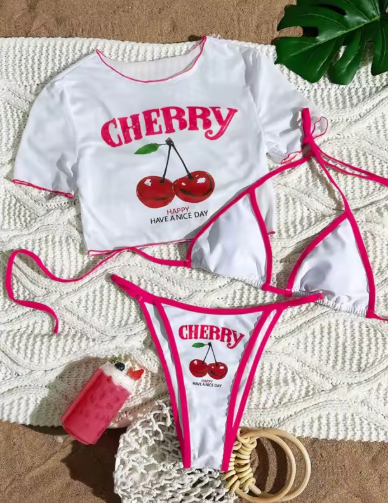Cherry 3-Piece Bikini Set with Cover-Up