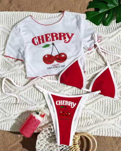 Cherry 3-Piece Bikini Set with Cover-Up